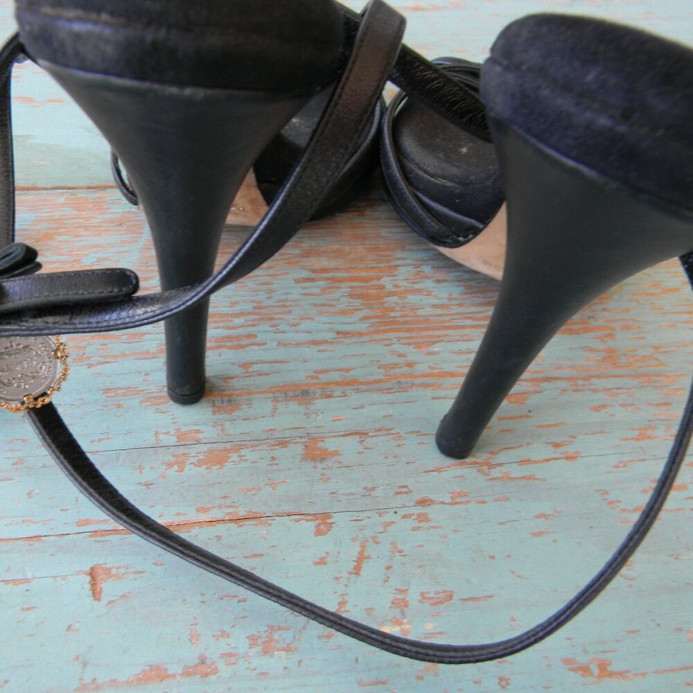 Dolce & Gabbana Black Strappy Leather High Heel Sandals with Gold Accent - Picture 6 of 9